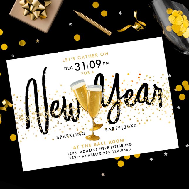 Modern Nyår Stilig Champagne Guld Konfetti Inbjudningar (Skapare uppladdad)