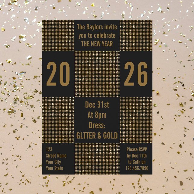 Modern Nyår Svart & Guld Glitter Högtidsfest Inbjudningar (Skapare uppladdad)