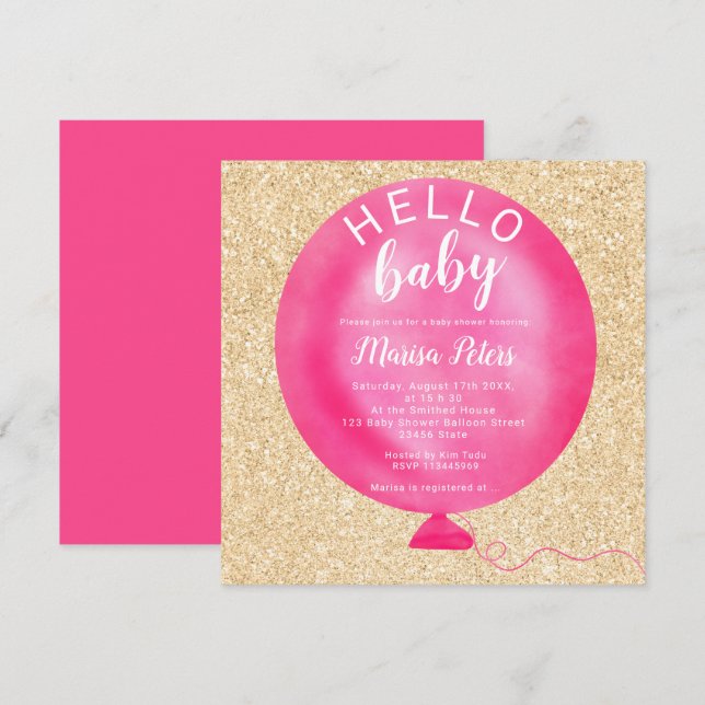 Modern nyare rosa-ballong guld glitter-babydusch inbjudningar (Fram/baksida)