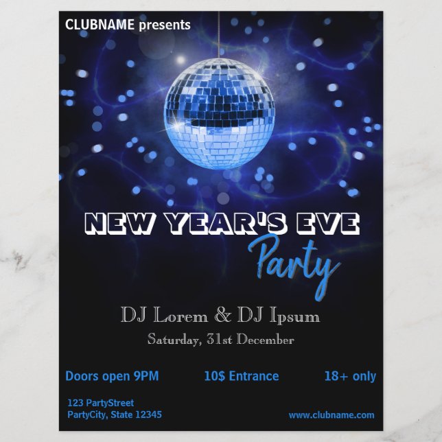 Modern Nyårsafton Blue Disco Boll Party Flyer (Framsidan)