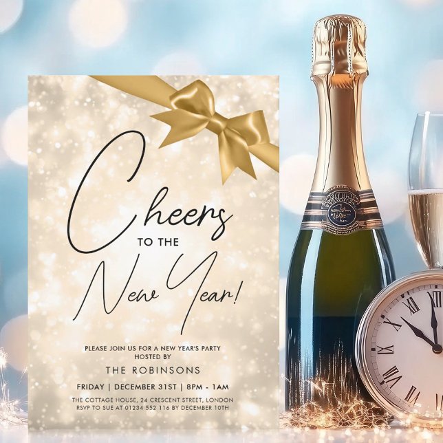 MODERN Nyårsafton Guld Champagne Bokeh Guldslinga Inbjudningar (MODERN New Years Eve Gold Champagne Bokeh Gold Bow Invitation)