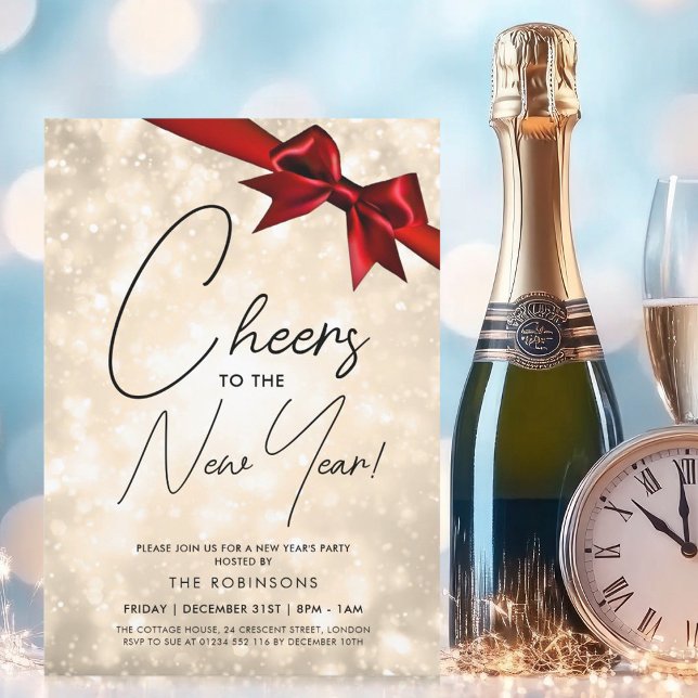 MODERN Nyårsafton Guld Champagne Bokeh Red Bow Inbjudningar (MODERN New Years Eve Gold Champagne Bokeh Red Bow Invitation)