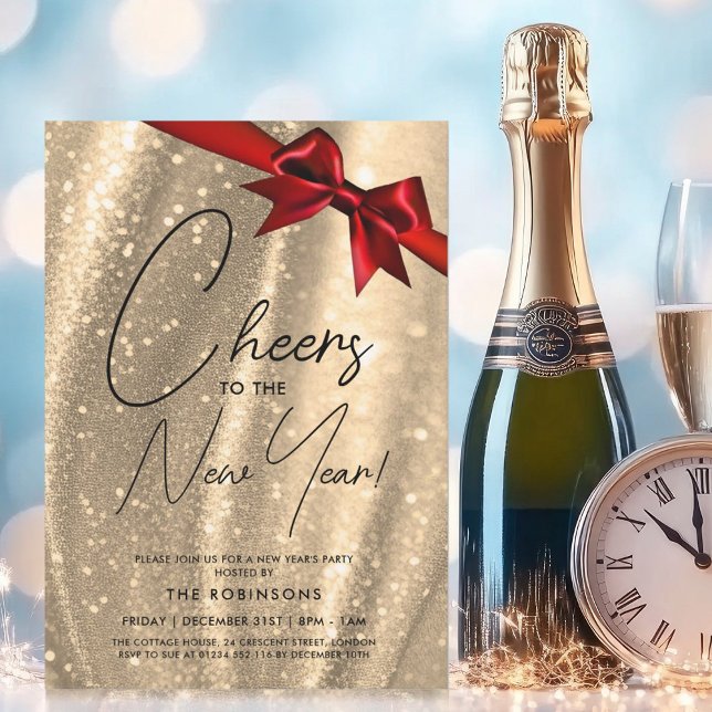 MODERN Nyårsafton Guld Gnistra Sequin Red Bow Inbjudningar (MODERN New Years Eve Gold Sparkle Sequin Red Bow Invitation)