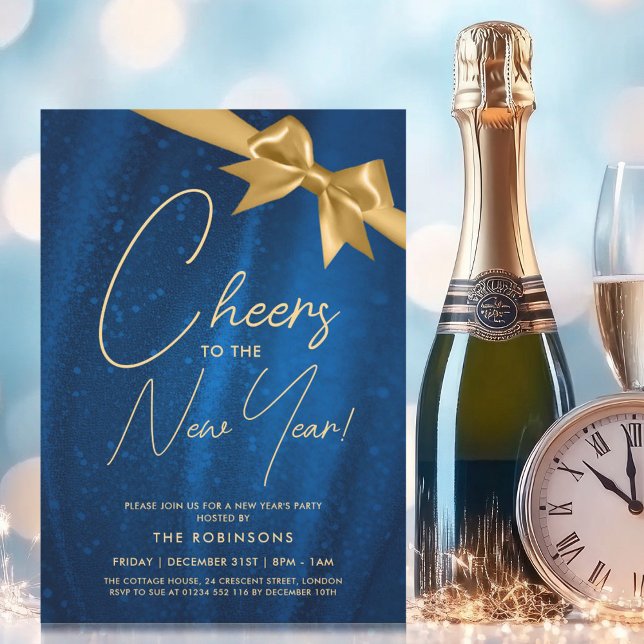 MODERN Nyårsafton Guld Navy Gnistra Sequin Bow Inbjudningar (MODERN New Years Eve Gold Navy Sparkle Sequin Bow Invitation)