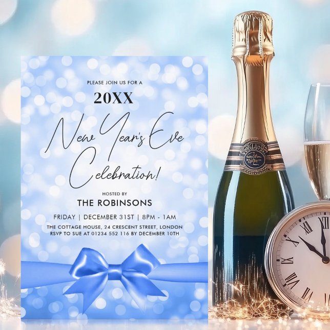 MODERN Nyårsafton Party Blue Bokeh Bow Inbjudningar (MODERN New Years Eve Party Blue Bokeh Bow Invitation)