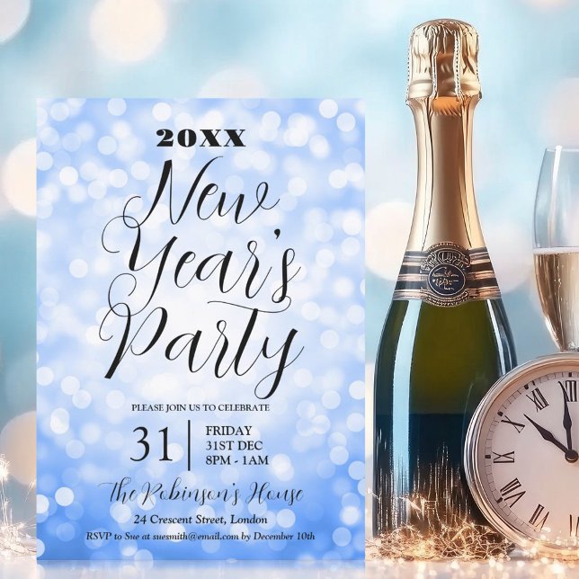 MODERN Nyårsafton Party Blue Bokeh Ljus Inbjudningar (MODERN New Years Eve Party Blue Bokeh Lights Invitation)