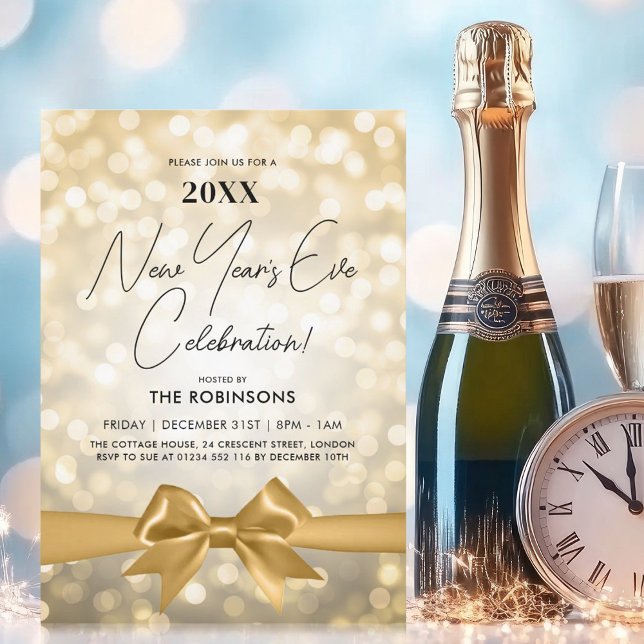 MODERN Nyårsafton Party Guld bokeh Bow Inbjudningar (MODERN New Years Eve Party Gold Bokeh Bow Invitation)