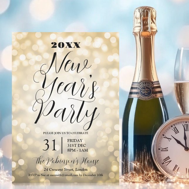 MODERN Nyårsafton Party Guld Bokeh Ljus Inbjudningar (MODERN New Years Eve Party Gold Bokeh Lights Invitation)
