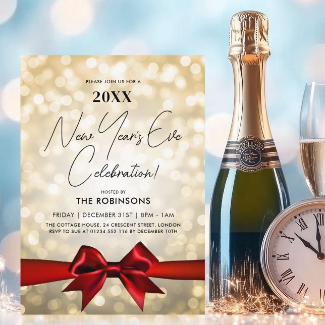 MODERN Nyårsafton Party Guld bokeh Red Bow Inbjudningar (MODERN New Years Eve Party Gold Bokeh Red Bow Invitation)