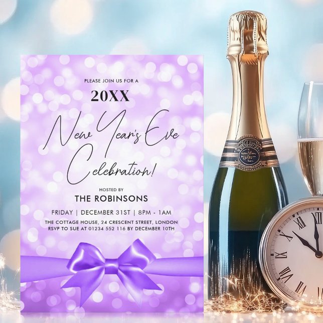 MODERN Nyårsafton Party Lila Bokeh Bow Inbjudningar (MODERN New Years Eve Party Purple Bokeh Bow Invitation)