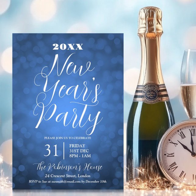 MODERN Nyårsafton Party Navy Blue Bokeh Ljus Inbjudningar (MODERN New Years Eve Party Navy Blue Bokeh Lights Invitation)