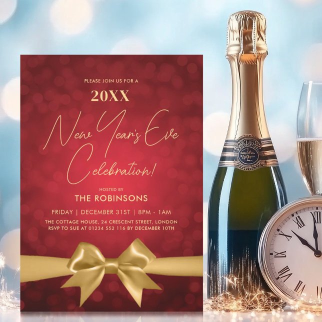 MODERN Nyårsafton Party Red Bokeh Guld Bow Inbjudningar (MODERN New Years Eve Party Red Bokeh Gold Bow Invitation)