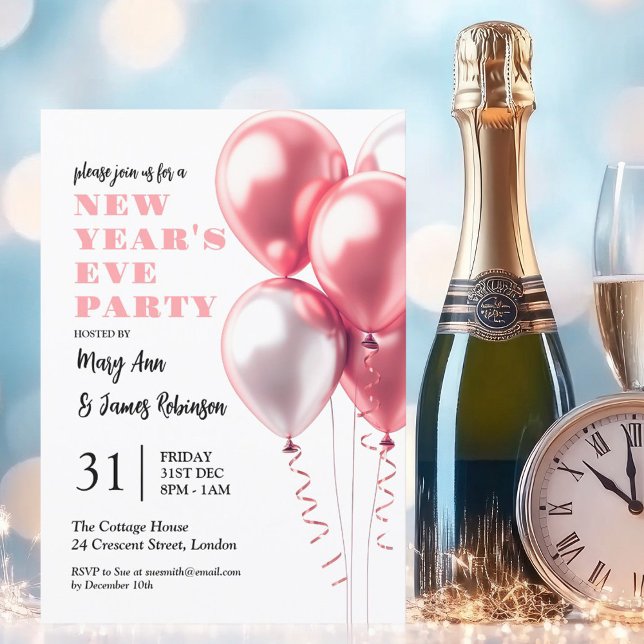 MODERN Nyårsafton Party  Rosa Bubbar Inbjudningar (MODERN New Years Eve Party Blush Pink Balloons Invitation)