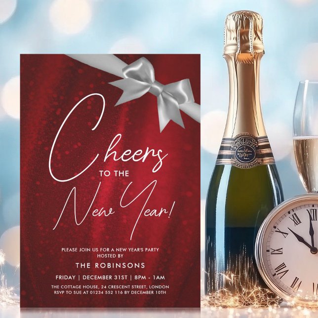 MODERN Nyårsafton Silver Red Gnistra Sequin Bow Inbjudningar (MODERN New Years Eve Silver Red Sparkle Sequin Bow Invitation)