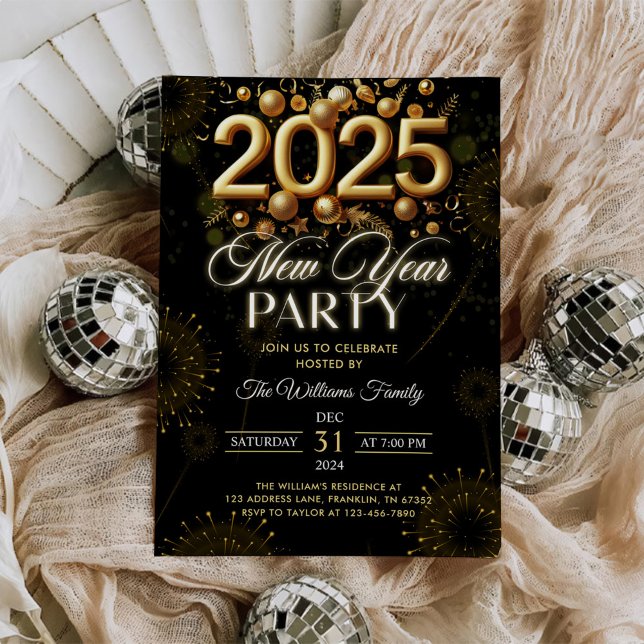 Modern Nyårsfest 2025 Guldglitter Inbjudningar (Skapare uppladdad)