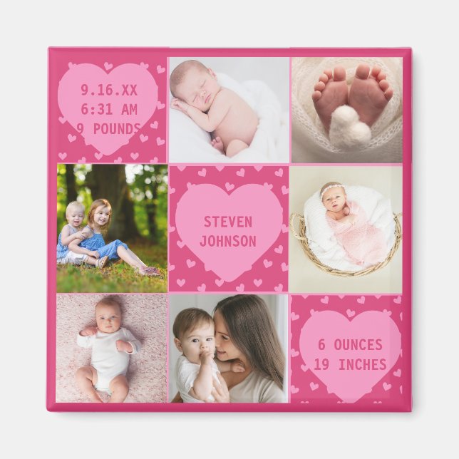 Modern nyfödd baby personlig 6-foto collage  magnet (Framsidan)