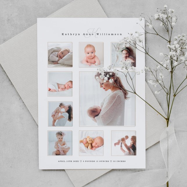Modern nyfödd Baby Photo Collage & Monogram Birth Magnetisk Inbjudningskort (Skapare uppladdad)