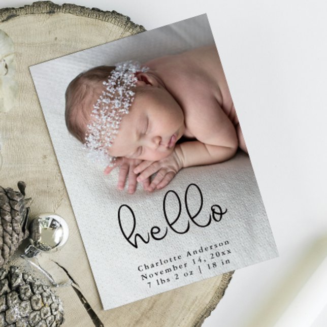 Modern nyfödd foto kalligraphy Birth Meddelande (Baby Photo Modern Elegant Calligraphy Birth Announcement Front view)