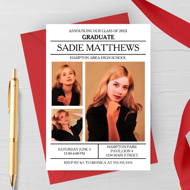 Modern Nyhetsbrev Foto Examen Inbjudningar (Modern Newsletter Styled Graduation Party Invitation with Three Photos)