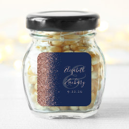 Modern nymarinblå roséguld glitterkant bröllop fyrkantigt klistermärke
