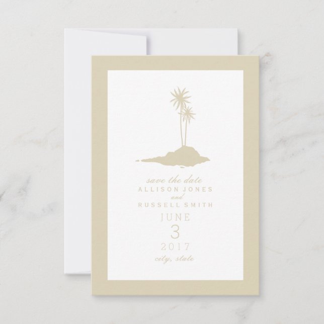 Modern ö Beach Wedting Save Date - Sand Spara Datumet (Framsida)