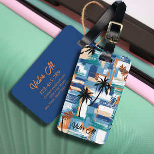 Modern ö Tropical Check Blue White Bagagebricka