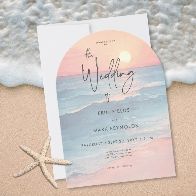 Modern Ocean Solnedgång Akvarell Strand Båge Bröll Inbjudningar (Modern Ocean Sunset Watercolor Beach Arch Wedding Invitation)