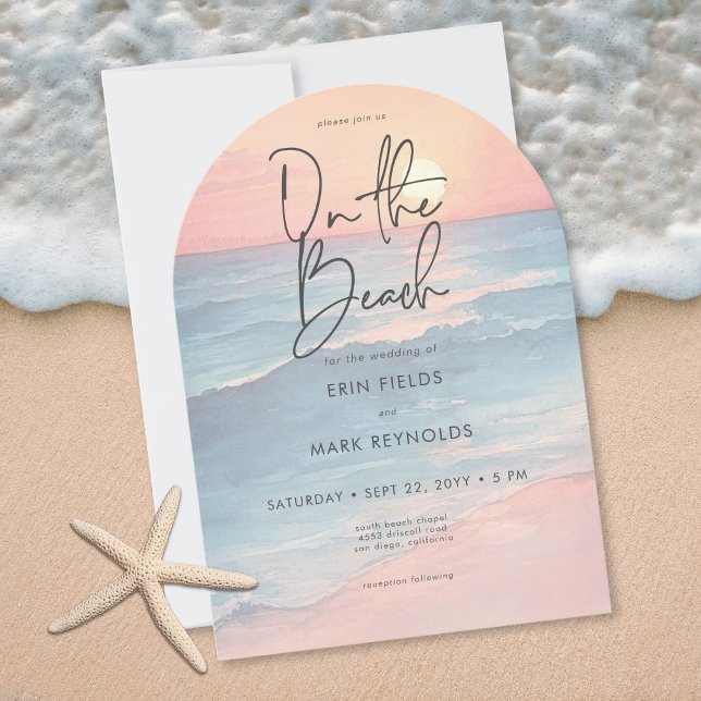 Modern Ocean Solnedgång Akvarell Strand Båge Bröll Inbjudningar (Modern Ocean Sunset Watercolor Beach Arch Wedding Collection)