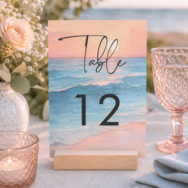 Modern Ocean Solnedgång Akvarell Strand Bröllop Bordsnummer (Modern Ocean Sunset Watercolor Beach Wedding Table Number Card)