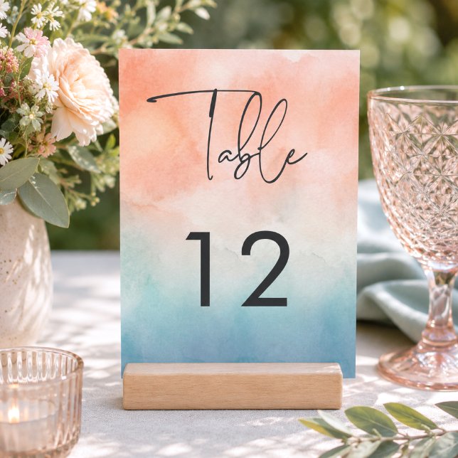 Modern Ocean Solnedgång Akvarell Strand Bröllop Bordsnummer (Modern Ocean Sunset Beach Wedding Table Number Card)