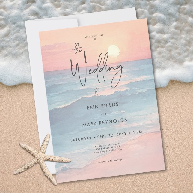 Modern Ocean Solnedgång Akvarell Strand Bröllop Inbjudningar (Modern Ocean Sunset Watercolor Beach Wedding Invitation)