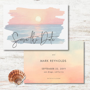 Modern Ocean Sunset Watercolor Beach Wedand Spara Datumet