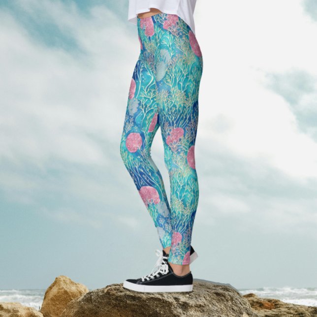 Modern Oceanblå Rosa Tropisk Korall Akvarell Leggings (Skapare uppladdad)