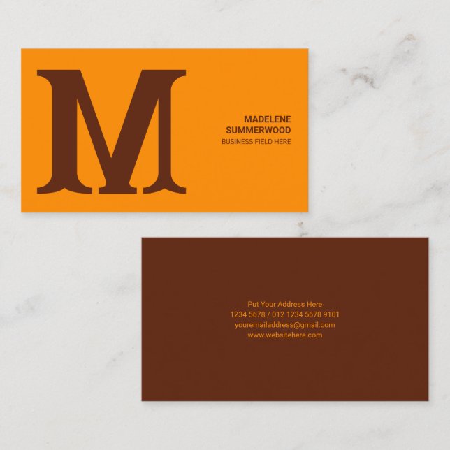 Modern och djärv monogram i Orange och brun Visitkort (Fram/baksida)