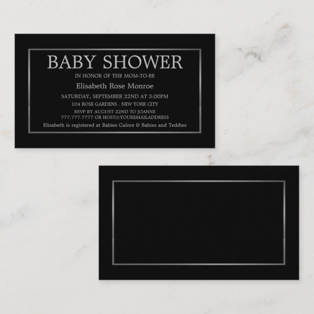Modern och elegant, Black & Silver Baby Shower Bil Visitkort (Fram/baksida)
