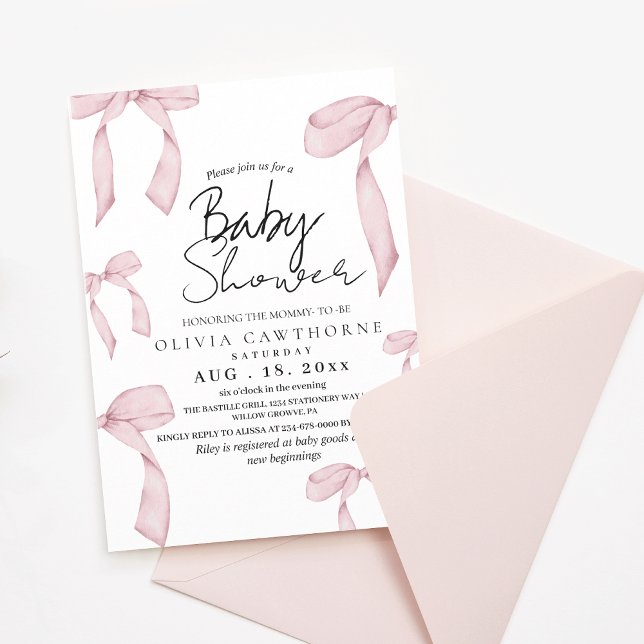 Modern och Elegant Dusty Rosa Bow Baby Shower Inbjudningar (Skapare uppladdad)