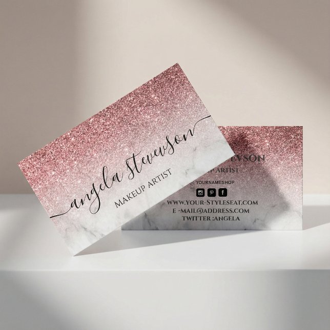 modern och elegant rosa guld glitter marmor  visitkort (#glitterrosegold #scriptcalligraphy #marblebackground #rosegold #makeupartist #chick #hairstyle)