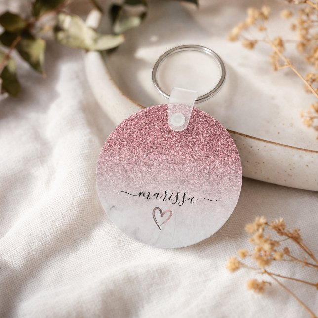 Modern och elegant rosa guld glitter vit marmor nyckelring (Modern and elegant rose gold glitter white marble keychain)