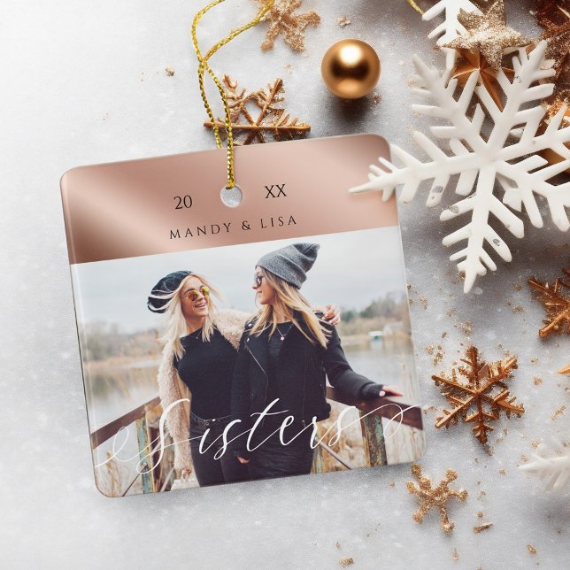 Modern och Elegant Skeva Ro Guld-foto Julgransprydnad Keramik (Modern & Elegant Shear Rose Gold Sister Photo Ceramic Ornament)
