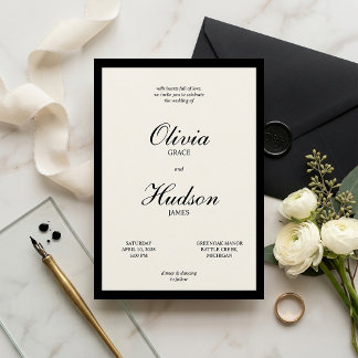 Modern och Elegant Svart Kant Script Bröllop Inbjudningar