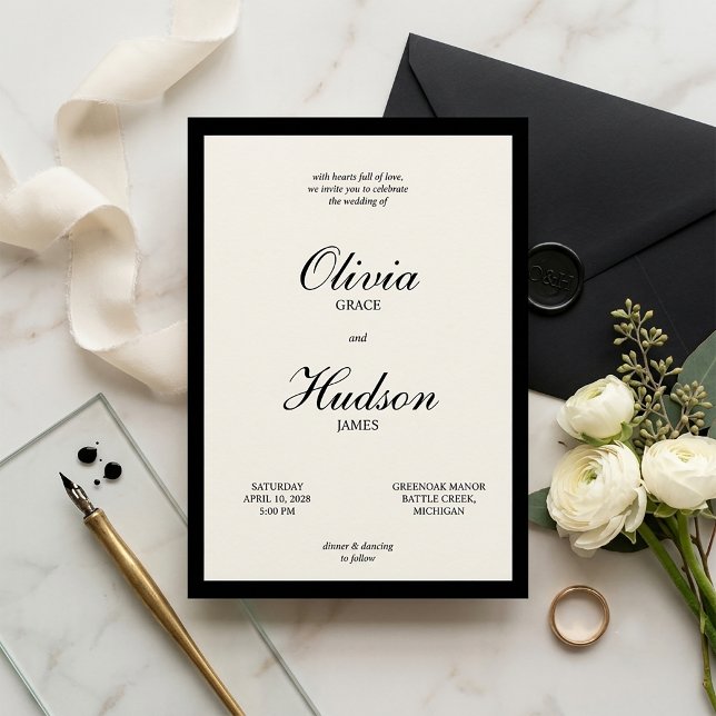 Modern och Elegant Svart Kant Script Bröllop Inbjudningar (Elegant Wedding Invitation)