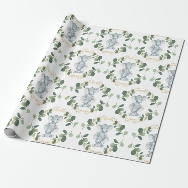 Modern och Elegant Twin Baby Elephant Greenery Gul Presentpapper (Utrullad)
