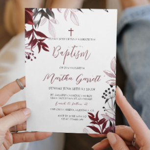 Modern och enkel burgundy Girl Baptism Inbjudningar