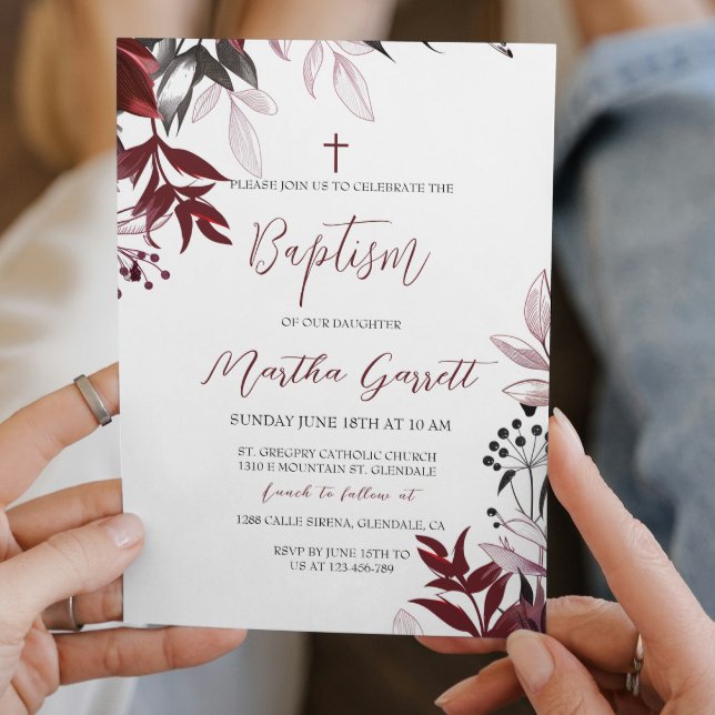 Modern och enkel burgundy Girl Baptism Inbjudningar (Skapare uppladdad)
