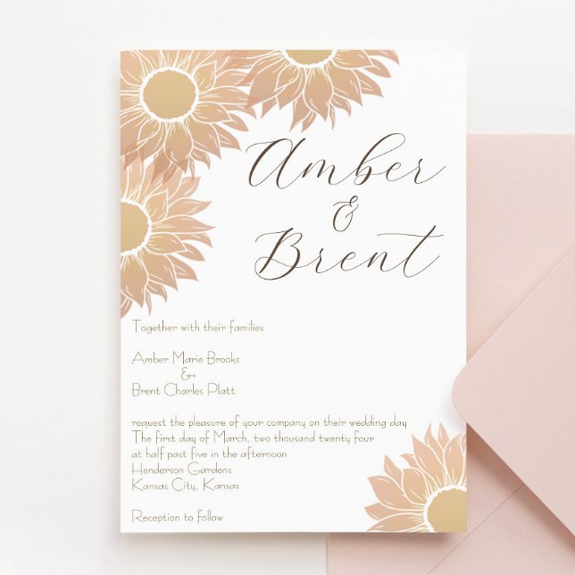 Modern och enkel inbjudan till solrosbröllop (sunflower peach pink and yellow wedding invitation, perfect for spring or summer weddings!)