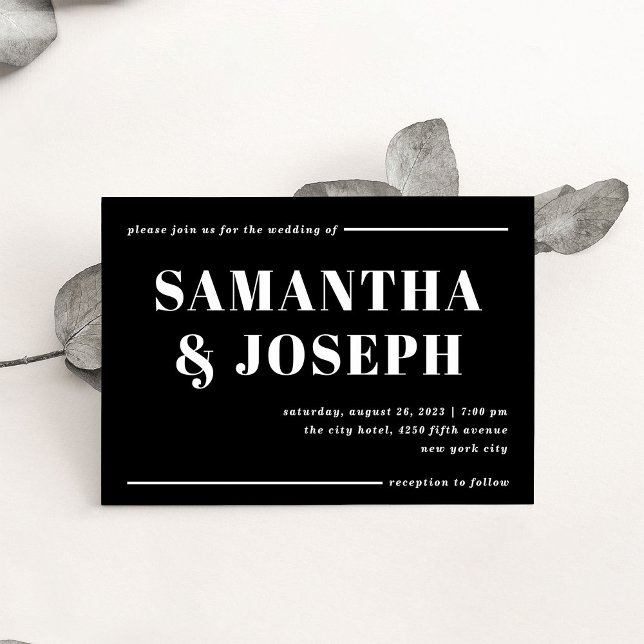 Modern och fetstil | Minimalistiskt Bröllop Inbjudningar (A bold, modern wedding invitation in dark black with contrasting white typography)
