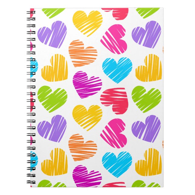 Modern och Girly Vibrant Doodled Hearts Mönster Anteckningsbok Med Spiral (Framsidan)