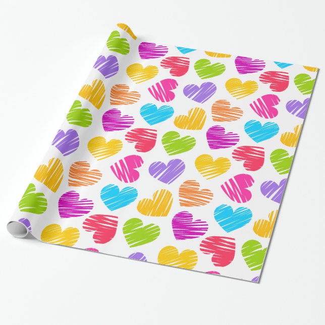 Modern och Girly Vibrant Doodled Hearts Valentine Presentpapper (Utrullad)