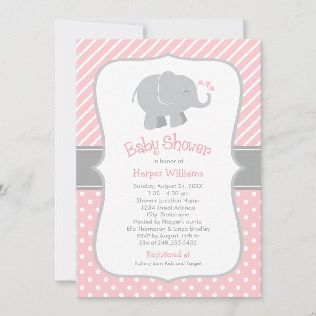Modern  och Grått Elephant Girl Baby Shower Inbjudningar (Framsida)