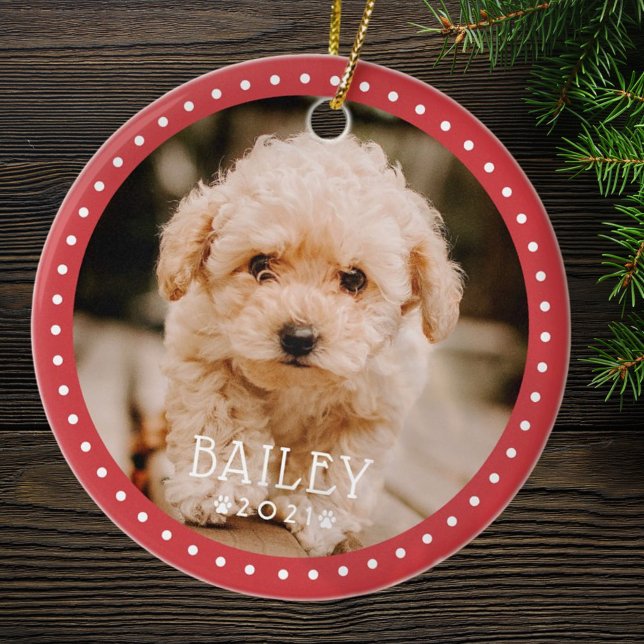 Modern och lekfull dots Pet Hund Puppy Tass Photo Julgransprydnad Keramik (Skapare uppladdad)